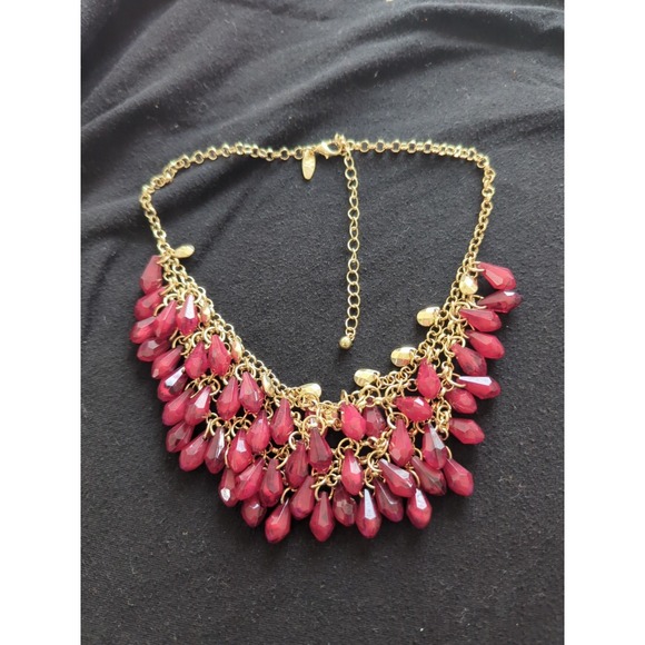 NY Collection Jewelry - Vintage Gold Toned Bib‎ Necklace With Dark Pink Beads - Stamped NY